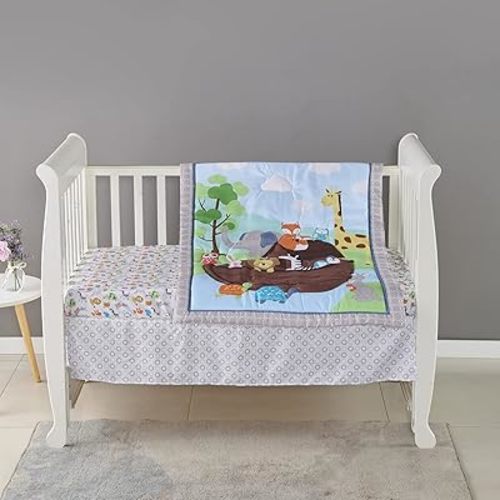3 PCs Noah's Ark Nursery Crib Bedding Set Blue Grey Animal Theme Baby Crib Bedding Set Quilt + Skirt + Fitted Sheet, Green , Blue , Grey , Yellow , Orange, 28 X 52