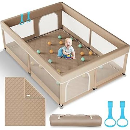 Omzer Baby Playpen with Mat 71"×59" - Extra Large Playpen for Babies and Toddlers with Mat Included, Safety Playard for Baby with Gate, All-Wrapped Soft Sponge Baby Gate Playpen with Stable Mat Velcro