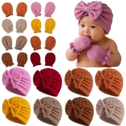 8 Sets Newborn Baby Girl Bow Hats and Mittens Turban Beanies 0-3M