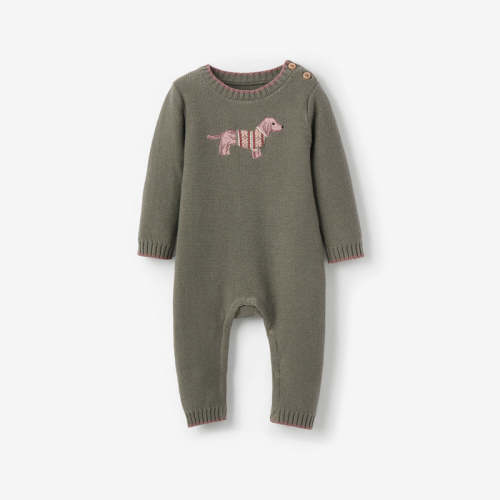 Dog Knit Baby Jumpsuit GREEN / 3-6M