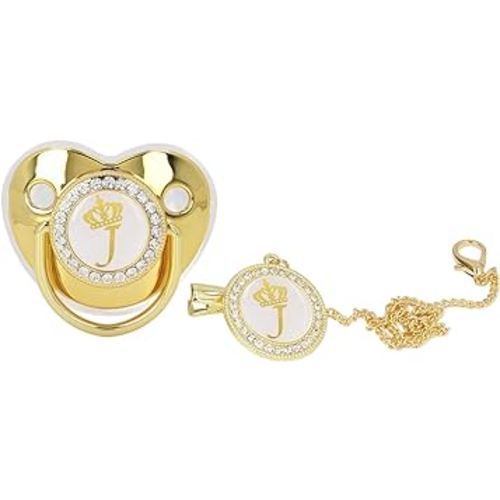 Personalized Golden Letter Baby Pacifier with Clips, Anti-Dust Cover, Bling Design for Newborn Photography, Letter J