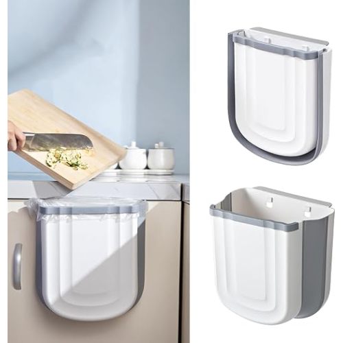 Kitchen Hanging Trash Can, 2.4 Gallon / 9L Collapsible Waste Bin, Small Kitchen Compost Bin for Food Scraps, Wall Mounted Garbage Can for Bathroom, Car, RV (Grey)
