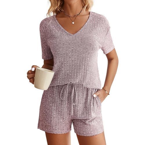 Ekouaer Womens Ribbed Knit Lounge Set Short Sleeve Top and Shorts Sleepwear Pajama Set Two Piece Shorts Outfits Set