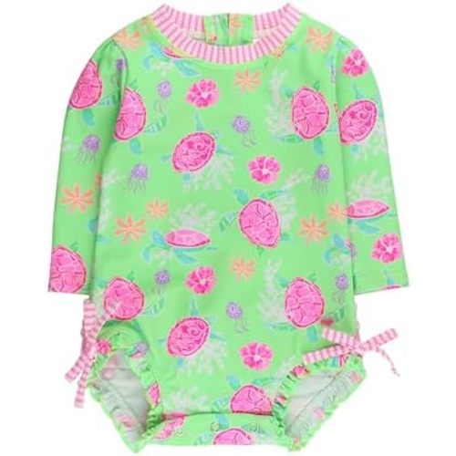 RuffleButts Baby Girls UPF 50+ Sun Protection Floral Printed Long Sleeve One Piece Rash Guard Swimsuit with Zipper