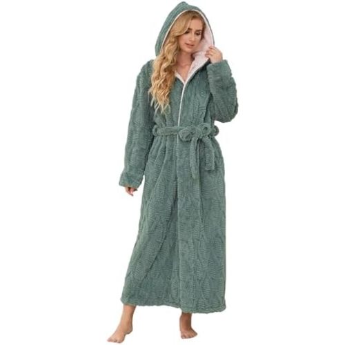 Hellomamma Women Fluffy Robes With Hood: Floor Length Long Fleece Winter Bathrobes Ladies Hooded Housecoat for Spa Shower