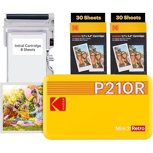 KODAK Mini 2 Retro 4PASS Portable Photo Printer (2.1x3.4 inches) Initial 8 Sheets + 60 Sheets Bundle, Yellow