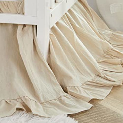 Brandream Boho Bohemian Girl Baby Nursery Crib Bed Skirt Dust Ruffle - Neutral Solid Color Beige Farmhouse Chic 100% Washed Cotton Ruffle