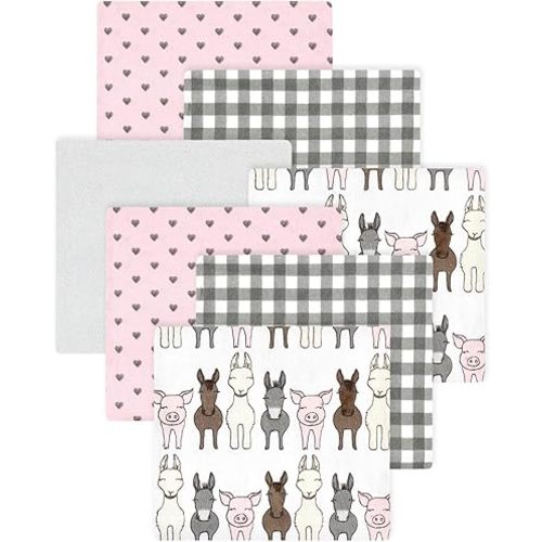 Little Treasure Hudson Baby Cotton Poly Flannel Receiving Blankets Multipack, Pink Farm Friends, 30x30 inches