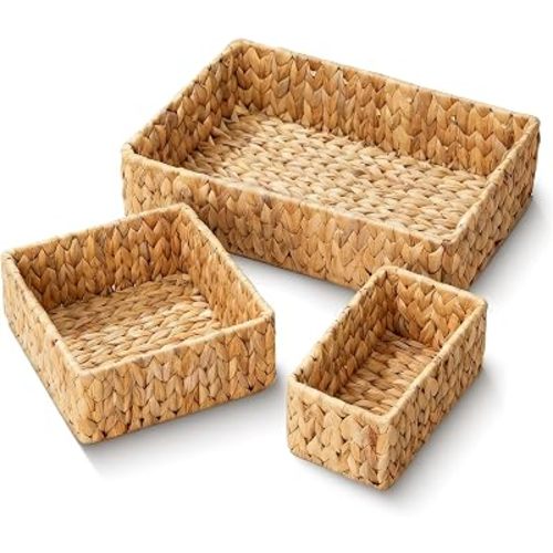 Wicker Storage Baskets Set of 3, Handwoven Water Hyacinth Baskets for Organizing, Large and Small Wicker Baskets Set, Decorative Natural Woven Baskets 3Pack for Pantry Shelves