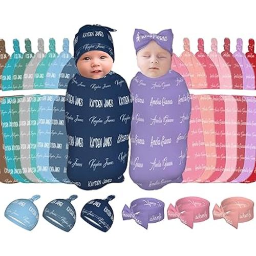 Personalized Baby Swaddle and Hat Headband for Girls and Boys with Name - Custom Baby Blankets for Girls and Boys with Name