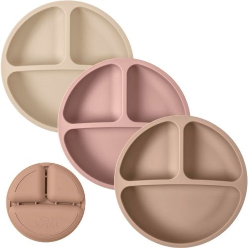 WeeSprout Silicone Plates for Babies & Toddlers 100% Food-Grade Dishes - No Lids, 3 Pack (Matte Tan, Off White & Pink)