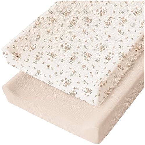 Konssy Muslin Changing Pad Cover for Baby Girls Boys, 100% Cotton Fitted Diaper Chang Table Covers, Soft Breathable Changing Pad Sheets, 2 Pack (Blossom, Cream)