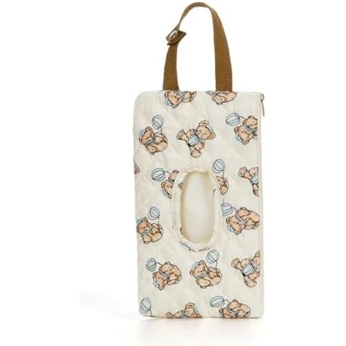 Quilted Baby Wipe Holder Quilted Wipe Pouch Portable Hanging Floral Wet Wipes Bag for Car, Stroller (Bear 2)
