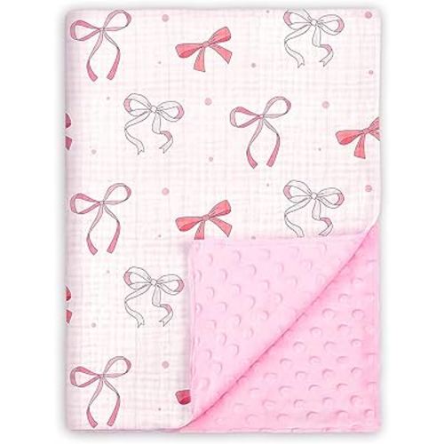 Baby Blankets for Girls, Pink Bow Soft Nursery Minky Blanket with Muslin Cotton Front and Dotted Fleece Backing Lightweight Bed Throw Blanket 30 x 40 Inches