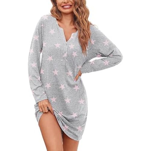 Ekouaer Women's Nightshirt Long Sleeve Button Down Nightgown V-Neck Sleepwear Casual Pajama Dress