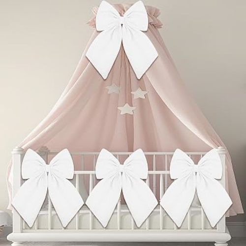Riceshoot 4 Pcs Large Crib Bows 11 x 16 inch Coquette Bow Decorations for Nursery Crib Canopy Bed Large Bow Room Nursery Decor Infant Bassinet Bedroom Decor for Gender Reveal Gifts (White)