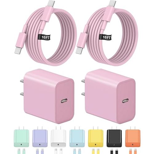 10FT iPhone 17 16 15 Charger Fast Charging USB C Charger Block Type C Chagrer Fast Charging 2-Pack for iPhone 17/17 Plus/17 Pro/17 Pro Max/iPhone 16/16 Plus/16 Pro/16 Pro Max/15/15 Pro Max(Pink)