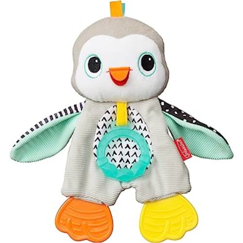 Infantino Cuddly Teether, Penguin Character, 3 Textured Teething Places to Soothe Sore Gums, BPA-Free Silicone, Soft Fabric Textures to Explore, Crinkle Sounds to Discover, for Babies 0M+
