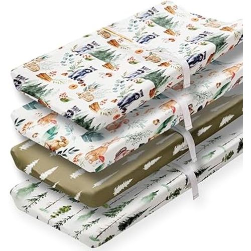 4 Pack Changing Pad Covers Woodland Forest Animals Wood Neutral Unisex Fitted Baby Changing Pad Cover Set for Baby Boys or Girls (Raccoon)