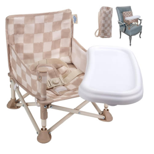 Tiny Marvels Portable 3-in-1 Baby Chair, Cozy Booster Seat, Baby Seat with Tray, Compact Foldable, Toddler Chair with Child Safety Belt Carry Bag, Perfect for Travel (Sand Checker)