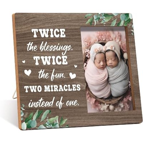 Twins Photo Frame - Twice The Blessings Twice The Fun Pregnancy Announcement Picture Frame - Baby Twin Gifts - Twin Boys Girls Gift For Babies, Twins Gifts For Mom -14