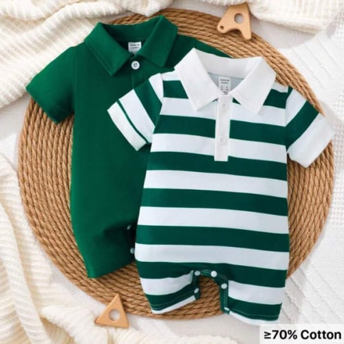 SHEIN 2pcs Cute Casual Color-Block Stripe Collared Short Sleeve Romper With Button-Front And Shorts For Baby Boy | SHEIN USA