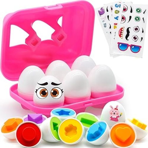 MOONTOY Toddler Toys Easter Eggs Learning Montessori Toys for 1 2 3 Year Old Girl Boy Kid Gift Matching Eggs Educational Color Sorting Baby Puzzle Cognitive Shape Sorter, 6 Eggs Easter Basket Stuffers