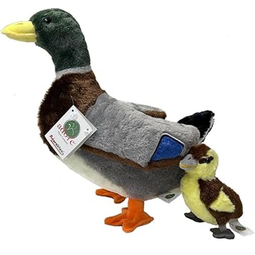 Adore 13" Standing Reed The Mallard Duck with Duckling Plush Stuffed Animal Toy