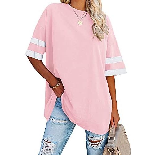 Fisoew Womens Oversized Tees Loose T Shirts Half Sleeve Crew Neck Color Block Cotton Tunic Tops