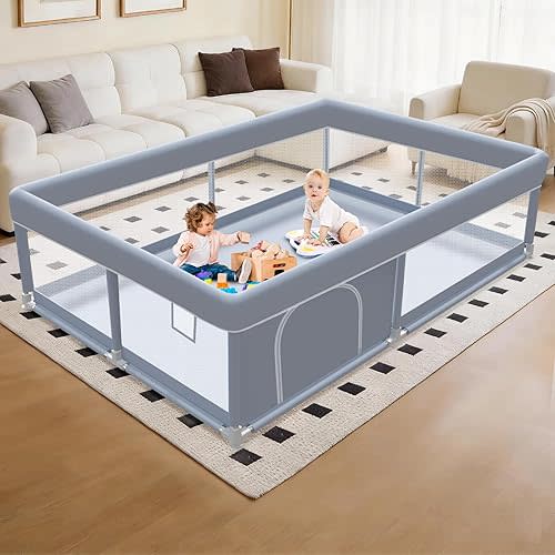 XVISHX 65 x 50 Inch Baby Playpen, Playpen for Babies and Toddlers, Baby Play Pen Playard for Indoor & Outdoor Active Center Game Fence, with Skin-Friendly Fabric and Soft Breathable Mesh, Grey
