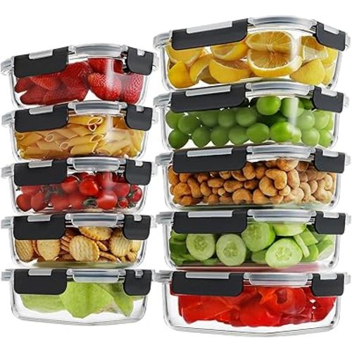 HOMBERKING 10 Pack Glass Meal Prep Containers with Locking Lids, Glass Food Storage Containers Set, Airtight Glass Lunch Bento Boxes, BPA-Free & Leak Proof, 36oz & 14oz(10 lids & 10 Containers), Black