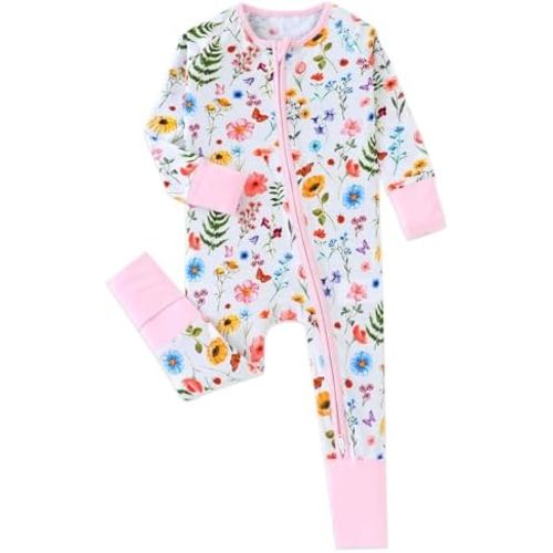 Baby Footless Pajamas with Mittens and Feet Cuffs Viscose of Bamboo Cartoon Infant Boys Girls Zipper Pjs Romper