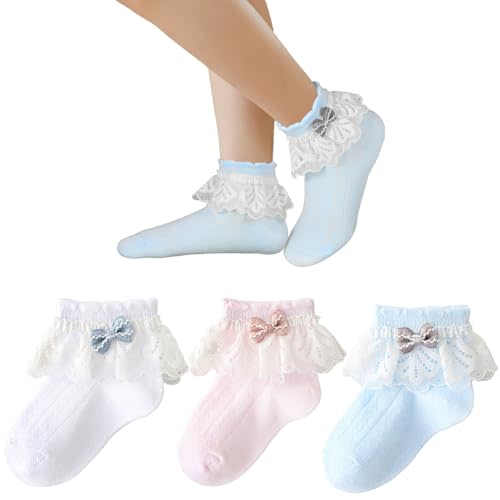Baby Girls Socks Ankle or Crew Soft Organic Cotton, Eyelet Ruffle Lace Frilly Dress Socks for Newborn Infant Toddler (US, Age, 6 Months, 12 Months, White pink blue-3pairs)
