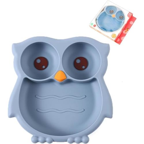 PandaEar Toddler Suction Plates, Stay Put Divided Baby Plates, Owl Shape BPA-Free 100% Food-Grade Silicone Unbreakable Baby Plate, Baby Feeding Supplies (Blue)