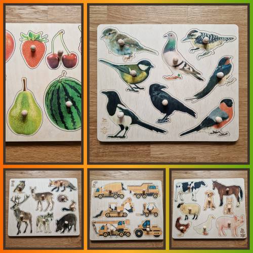 wooden puzzles for kids, wooden toys children,  montessori puzzles for 3 year olds, Franksfactory birds,  fruits, vegetables, forest animals