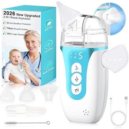 Nasal Aspirator for Baby,2-in-1 Smart Electric Nose Sucker, 2026 Upgraded with AI Anti-Backflow Protection,70Kpa Hospital-Grade Suction,15ml Large Capacity,5 Levels,Ultra-Quiet with Music-Blue