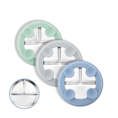 Bakpoco 8" Stainless Steel Toddler Plates with Suction, Divided Plates with Removable Silicone Sleeves for Baby, Non Toxic & BPA Free |Unbreakable |Dishwasher Safe Dinnerware Set of 3, Blue Gray Sage