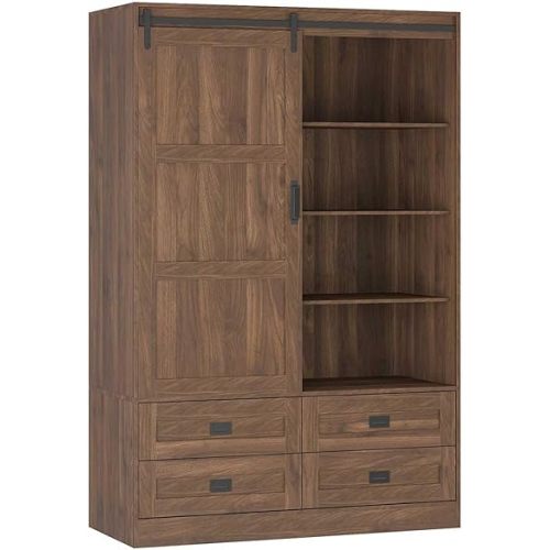 Armoire Wardrobe Closet with Sliding barn Door，Wardrobe Cabinet with 4 Storage Drawers and Hanging Rail,Freestanding Wooden Closet for Bedroom(Brown)