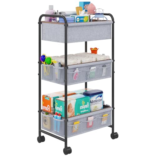 3-Tier Baby Diaper Caddy Cart Organizer with 2 Dividers & 14 Mesh Pockets - Black Mobile Nursery Storage Cart with Wheels, Durable Metal Utility Cart for Nursery, Bedroom, Baby Essentials Organization