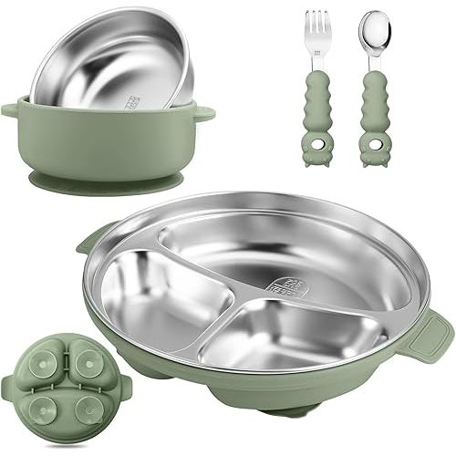 Stainless Steel Baby Plate and Bowl with Suction, Baby Bowl and Divided Kids Toddler Plate with Removable Silicone Shell, Non-Slip Toddler Baby Feeding Set, Forks + Spoons Included-Green