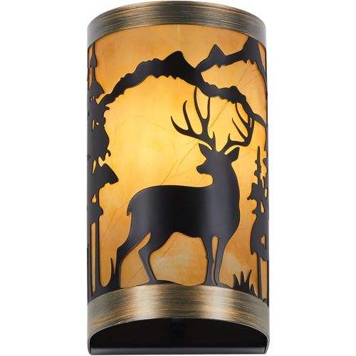 Rustic Wall Sconces Deer Metal Lamp, Black and Gold Farmhouse Wall Light Fixture with Shade, E26 Base Vintage Industrial Lighting for Bedroom, Living Room, or Lodge Cabin (Bulb not Included)
