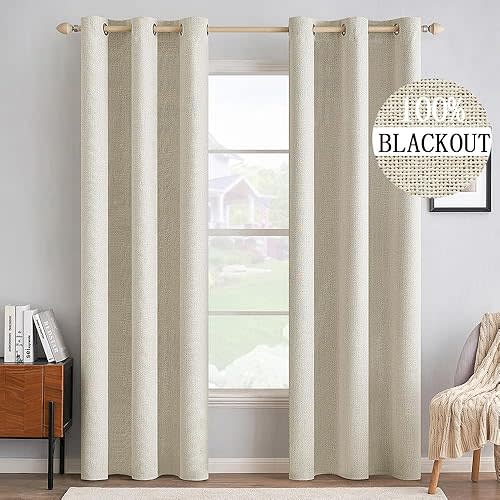 MIULEE 100% Blackout Linen Curtains for Bedroom 42x90 Inches Butter Cream