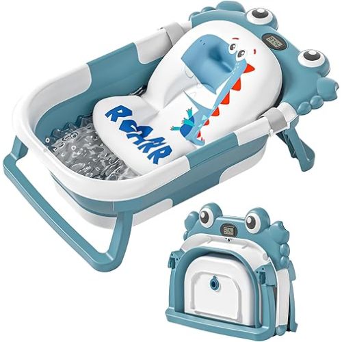 Collapsible Baby Bathtub for Newborns with Thermometer and Soft Floating Cushion Portable and Foldable Travel Baby Girl Bath Tub for Infants to Toddler 0-36 Month (Blue)