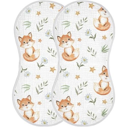 Kigai Baby Burp Cloths 2 Pack- Fox Baby Cartoon Super Absorbent and Soft Burping Rags - Cotton Burp Clothes Set for Boys and Girls