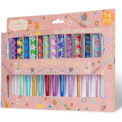 Coopay 14pcs New Warm Crochet Hooks for Beginner Crochet Hook Set, 2mm to 10mm Art Aluminum Comfy Grip Crochet Needles for Crocheting Knitting & Crochet Supplies Christmas Crochet Gifts for Crocheters