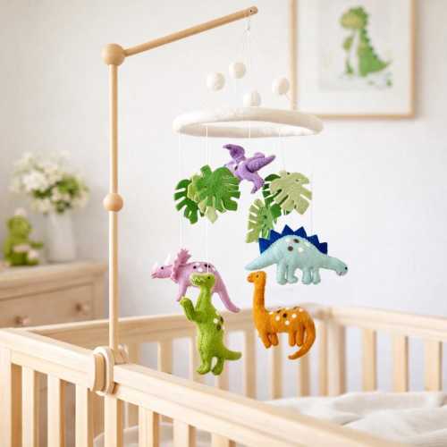 Dinosaur Baby Mobile with Monstera Leaves, Waldorf Inspired Mobile, Baby Shower's Gift, Crib Mobile, Nursery Decor