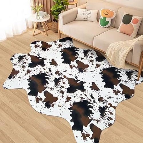 Cow Print Rug 5.2 x 6.2 Feet Large Faux Cowhide Cow Area Rugs for Living Room Bedroom Nursery Western Home Decor Cow Hide Carpet Large, Brown and White