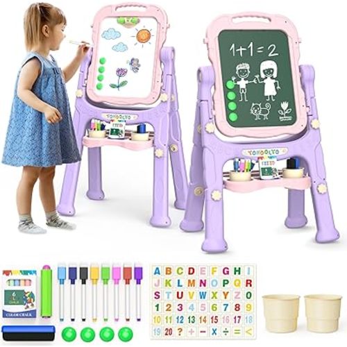 YOHOOLYO Kids Easel Standing Art Easel for Kids, Double Sided Children Pink Purple Easel Magnetic Chalkboard Whiteboard Dry Eraser Board Great Gift for Girls