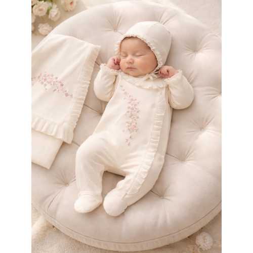 Coming Home Outfit Girl, Embroidered Cotton Romper, Bonnet and Blanket Set