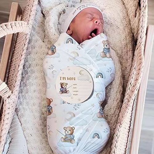 Ylsteed Baby Swaddle Blanket and Headband Set, Newborn Receiving Blanket Swaddle Wrap for Girls and Boys, Swaddling Blankets Neutral for Newborn, Soft and Skin-Friendly 32 * 32 inches (Blue Bear)